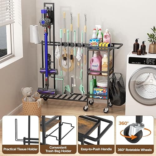 Housolution Cleaning Utility Cart on Wheels, Multifunctional Cleaning Tools Supplies Organizer with Broom and Mop Holder, Vacuum Stand Compatible with Dyson, Rolling Storage Cart for Home thumbnail 7