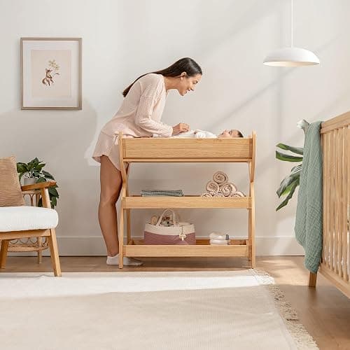 Comfy Cubs Baby Changing Table - Sturdy Wood Construction, Timeless Look Baby Change Table with Two Open Shelves for Infant Daycare Essentials Storage - Natural Wood thumbnail 4