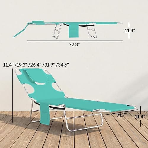 Outsunny Chaise Lounge Chair Outdoor with Face Arm Hole, 5-Position Reclining Face Down Tanning Chair with Carry Strap, Side Pocket, Portable Folding Bed Cot for Patio Beach Pool, Light Green thumbnail 3