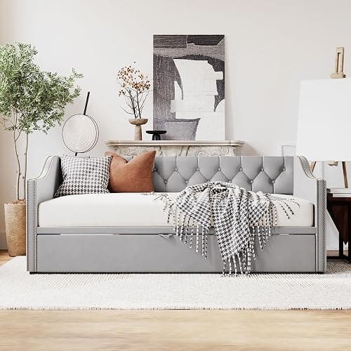 Girls guest GOTwin Size Upholstered Daybed with Pop Up Trundle, Twin to King Size Day Bed, Trundle Can Be Flat Or Erected, Extendable Daybd(Gray-DB) - Gray-db thumbnail 4