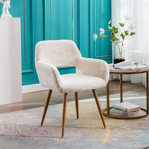 KCC Furry Desk Chair, Mid-Century Modern Accent Comfy Armchair with Faux Fur for Teen Girls, Wood Look Metal Legs Living Dining Room, Home Vanity Makeup Office No Wheel, White. thumbnail 2