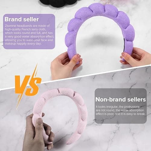 Ztomine Terry Cloth Spa Headbands for Washing Face or Facial, Set of 2, Black & Purple - Puffy Makeup Headbands for Face Washing, Mask, Skin Treatment thumbnail 3