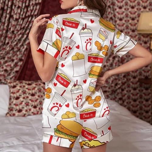 Gifteebox Chicken Nuggets Satin Pajamas Set for Women Y2k 2 Piece Short Sleeve Shirts Matching Pj Shorts Set Multi thumbnail 2