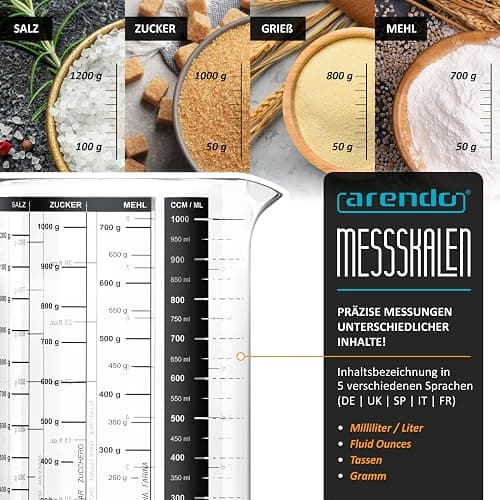 Arendo - Messbecher Set aus Glas - Größen 350ml, 500ml, 1000ml (0,35l 0,5l 1l) – Messkrug Glas Krug – Borosilikatglas – präzise Skala – hitzebeständig – Glasbehälter mit Bambusdeckel - Silikondichtung thumbnail 3