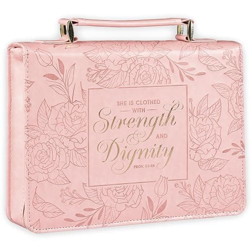 Christian Art Gifts Premium Vegan Leather Fashion Floral Bible Cover for Women: Strength & Dignity - Prov. 31:25 Inspirational Scripture Verse Carry Case w/Pockets & Pen Storage, Pink & Gold, Large - Image 1
