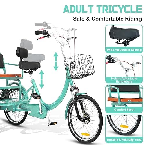 MOOITZ Adult Tricycle, 20 Inch 3-Wheel Bikes, Trike for Adults with Seat, Low Step-Through Cruiser Bike with Front and Rear Baskets, Adult Tricycles for Women, Seniors, Men thumbnail 3