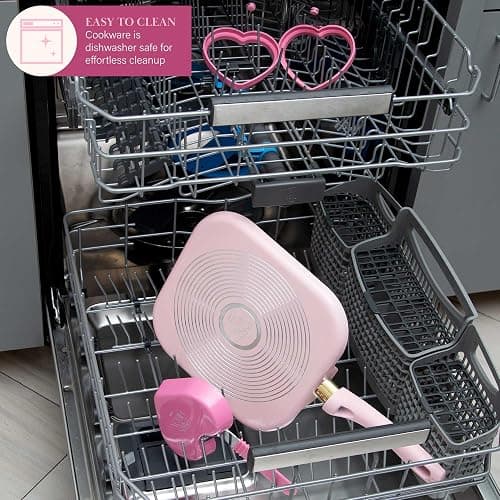 Paris Hilton Breakfast Ceramic Nonstick Cookware Set, Includes Square Griddle, Mini Heart Shaped Fry Pan and Two Silicone Heart Shaped Egg Rings, 4-Piece Set, Pink thumbnail 7