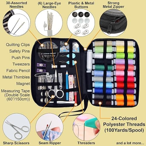 Vellostar Sewing Kit for Adults - A Portable Needle and Thread Kit with Essential Sewing Supplies and Accessories for Small Clothing Repairs, a Basic Travel Mending Set for Beginners and Pros - Medium (24 Threads) - Black thumbnail 3