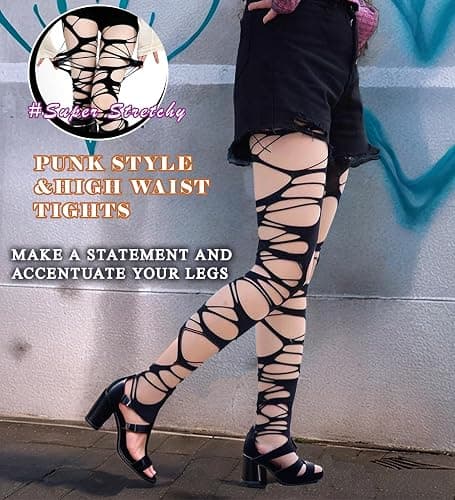 Mingnos Women's Ripped Tights Punk Goth Distressed Leggings Irregular Fishnet Stockings Y2K Ragged Pantyhose Hosiery thumbnail 3