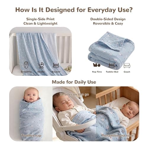 NTBAY Muslin Baby Swaddle Blanket, 2-Layer, 30x40 Lightweight Receiving Blanket for Newborns and Infants, Crib Stroller Travel Use, Cloudy Bunny thumbnail 4
