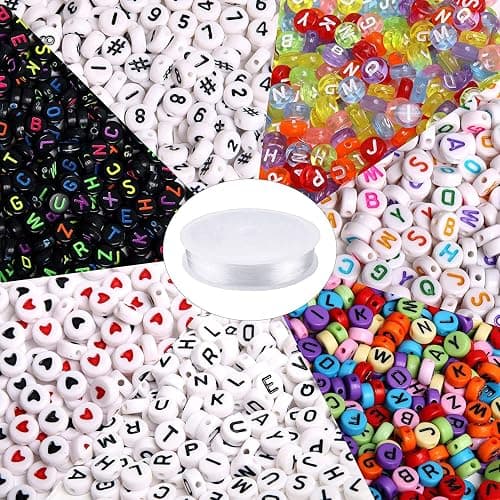 1900pcs 7 Colors Round Letter Beads Acrylic Alphabet Number Beads with 1 Roll Elastic Crystal String Cord for Jewelry Making DIY Necklace Bracelet (7x4mm) - Image 1