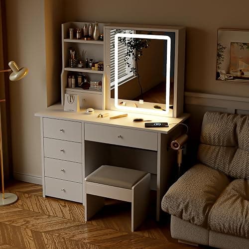 ALEAVIC Vanity Desk with Mirror and LED Lights, Makeup Vanity Set with Power Outlet, and Stool,Jewelry Storage,White Vanity Desk for Bedroom thumbnail 7