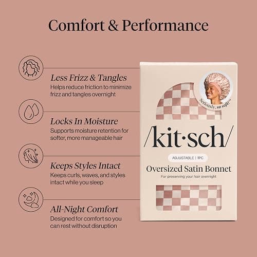 Kitsch XL Satin Bonnet for Sleeping - Terracotta Checker | Softer Than Silk Bonnet For Sleeping Women - Secure Fit, Adjustable & Prevents Breakage Hair Bonnet For Sleeping thumbnail 3