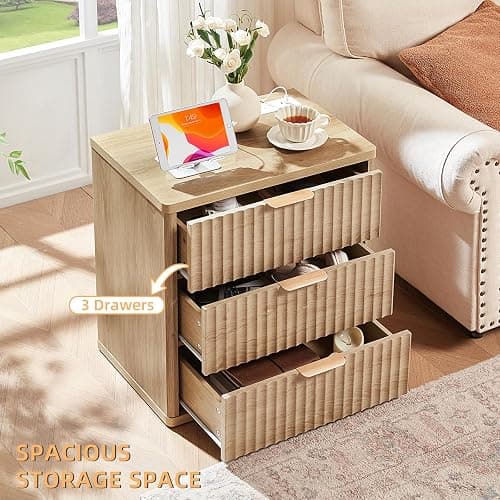 LEYAOYAO 23" Wide Fluted Farmhouse Night Stand Set of 2 with Charging Station, 3 Drawers Large End Table w/Metal Handle, Natural Nightstand Bedside Table,Wood Dresser for Bedroom, Closet thumbnail 4