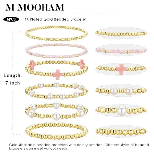 M MOOHAM Boho 14K Gold Plated Bracelets for Women - Elastic Cross Beaded Bracelet Stack Stretch Pearl Bead Bracelet Colorful Christian Jewelry Set Religious Gifts for Women Teen Girls thumbnail 4