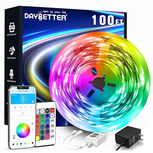 DAYBETTER LED Strip Lights 100ft RGB Lights Strip for Bedroom, Desk, Indoor Room Living Room Brithday Gifts Home Decor with Remote, 24V Power Supply