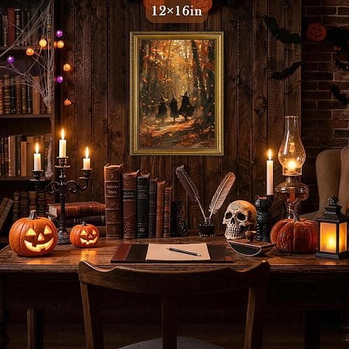Halloween Vintage Gold Framed Canvas Wall Art, Autumn Forest Witch Wizards with Fall Leaves in Woodland, Easy to Hang Fade Resistant Print, Wall Decor for Bedroom Bathroom Living Room, 8x10 inches thumbnail 3