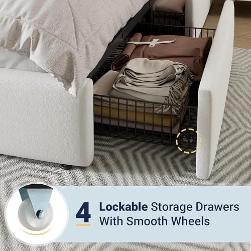 Allewie Modern Full Size Platform Bed Frame with 4 Storage Drawers and Velvet Upholstered Headboard, Wooden Slats Support, Upholstered Mattress Foundation/No Box Spring Needed/Easy Assembly, White thumbnail 5
