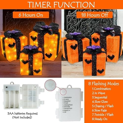 Caxchiling Halloween Lighted Gifts Boxes 3 Pak Gift Boxes with 52 Led Lights Bats Battery Operated Timer Light Up Boxes Decorations for Indoor Home Porch Party Yard - Top bat decor thumbnail 5