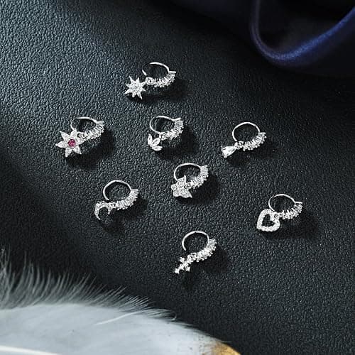 6ixGosh Dangle Nose Rings Hoop for Women Septum Nose Piercing Jewelry Cartilage Earring CZ Flower Leaf Star Butterfly Daith Tragus Helix Lip Piercing, Silver Gold Rose Gold - Type-A Sliver,8PCS thumbnail 3