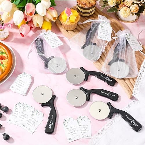 Jingmore Pizza Cutters Wedding Party Favor with Thank You Cards Bag, 25 Set | Stainless Steel, Organza Bags, Bridal Shower Party Favors, Bulk Return Gifts for Guests, Slice of Love Design Tags thumbnail 5
