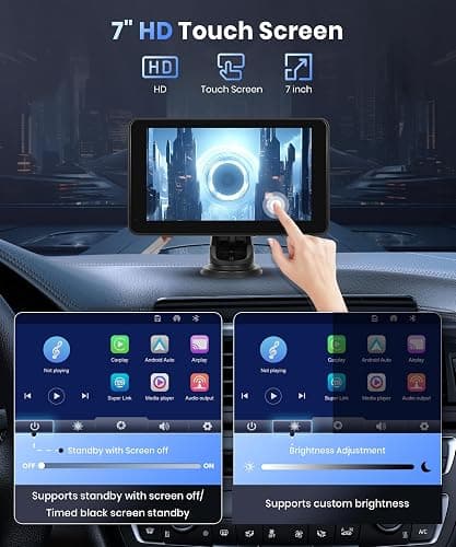 Podofo Wireless Carplay Screen for Car,7inch 1080P HD IPS Touch Screen Portable Car Radio Audio Receivers, Wireless Android Auto Screen 2 Mount/2 Bluetooth/MirrorLink/GPS/Voice Control/AUX/FM Transmit thumbnail 6