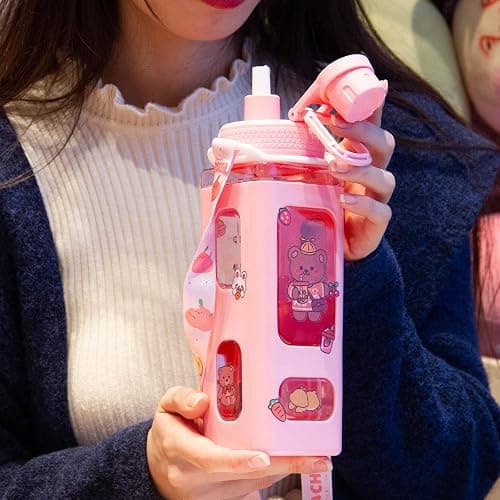 GMKD Kawaii Water Bottle for Girls Cute Kids Water Bottles with Straw Square Drinking Bottle, Portable Leakproof Water Jug for School, 24 oz (Pink-700ml) thumbnail 3