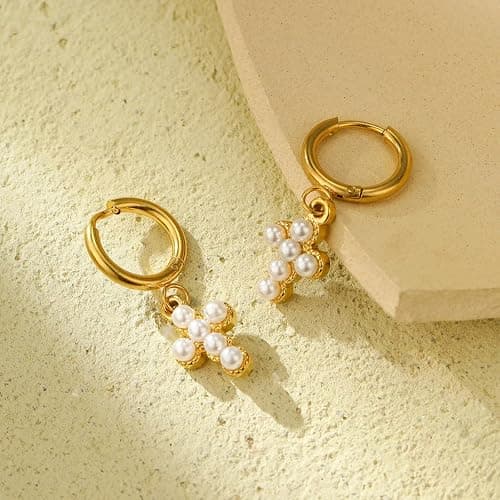 Pearl Cross Earrings for Women Dainty Gold Huggie Hoop Cross Drop Earrings Gold Statement Jewelry Accessories for Party Holiday Outfits Birthday Gifts Trendy Jewelry Gifts thumbnail 7