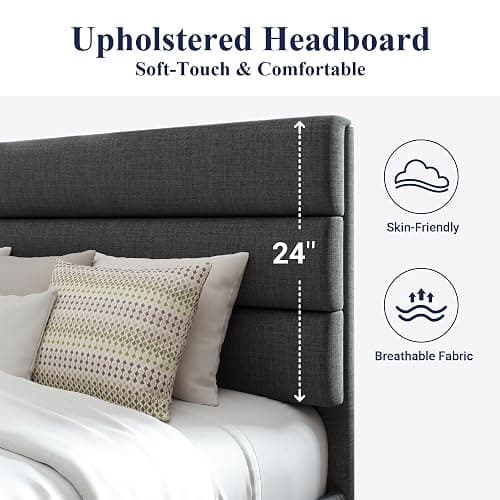 Allewie Full Size Platform Bed Frame with Fabric Upholstered Headboard and Wooden Slats Support, Fully Upholstered Mattress Foundation/No Box Spring Needed/Easy Assembly, Dark Grey thumbnail 4