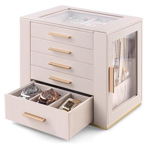 Homeanda Jewellery Box, Large 5-Layer Organiser Case with Glass Lid, Beige | Modern PU Leather Case with Drawers & Side Necklace Hooks, Velvet Organiser for Rings & Earrings, Gift for Women & Girls - Image 1