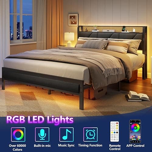 Furnulem Queen Bed Frame with Headboard and Storage Shelf, LED Light and Charging Station, Metal Platform Bed with Heavy Duty Slats, No Box Spring Needed, Noise Free & Easy Assembly thumbnail 5