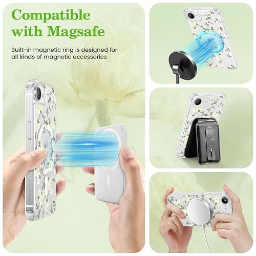 ZTOFERA Magnetisch Hülle für iPhone 13, iPhone 14, Transparent Soft Handyhülle mit Blume Muster [Kompatibel mit MagSafe Kabellosem Laden], Stoßfeste Schutzhülle für iPhone 13/14 6,1"-Große Weiß Blume thumbnail 4