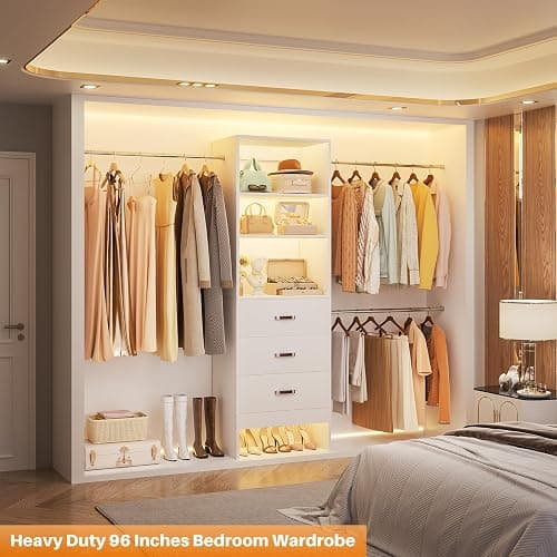 Homieasy 96 Inches Closet Organizer System, 8FT Customizable Walk In Closet Organizer with Hanging Rods, 3 Drawers Garment Rack with Leather Handle , 96" L x 16" W x 75" H, Max Load 1000 LBS, White thumbnail 2