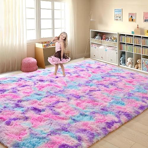Tepook Soft Rainbow Rug for Girls Room, Cute Fluffy Girls Bedroom Rugs, 4x6 Feet Shaggy Princess Rug Colorful Carpet for Kids Teens Toddler Playroom Nursery Reading Nook, Hot Pink thumbnail 3