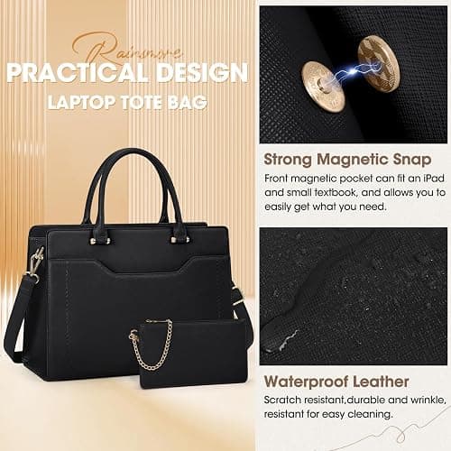 RAINSMORE Sac Cabas Femme Grand Sac A Main Pour Les Cours Lycee PU Cuir sac Fourre Tout Femme Sac Bandoulieres pour Cours Affaires Travail Noir thumbnail 7