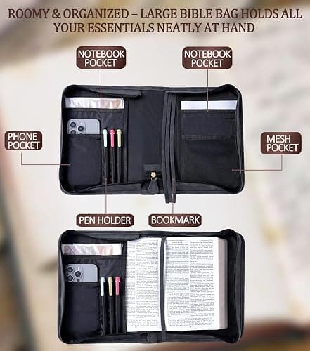 Vegan Leather Bible Cover Case, Bible Bag with Phone Pocket, Bible Case for Men Women, Christian Gift Box Packaging (Black) thumbnail 3