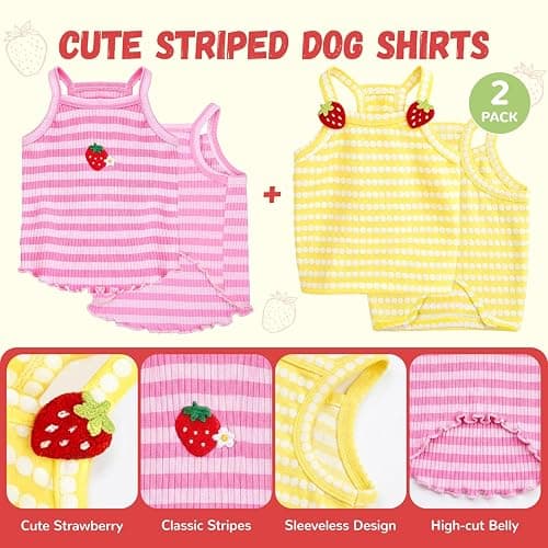 UETZLTB 2 Pack Dog Shirts for Small Dogs Cute Girl Dog Clothes Strawberry Stripe & Polka Dot Puppy Tshirt Summer Sleeveless Pet Tank Top Breathable Doggy Outfits Cat Chihuahua Yorkie Shih Tzu Clothes thumbnail 6