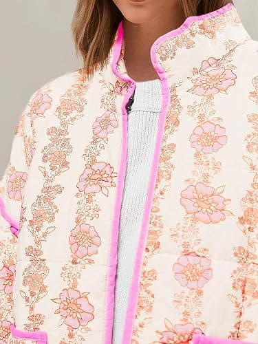 Tankaneo Womens Quilted Lightweight Jackets Floral Print Winter Coats Open Front Cardigan with Pockets thumbnail 2