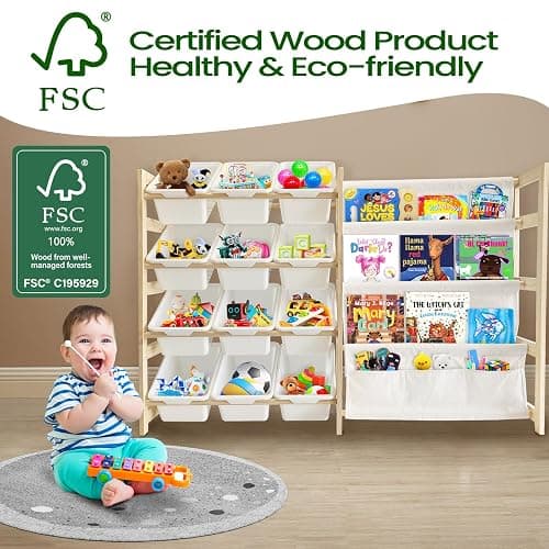 EXPERLAM Toy Storage Organizer with Bookshelf - 12 Storage Bins 4-Tier Multipurpose Shelf to Organize Toys and Books for Kids Room, Playroom, Nursery Room, White - White thumbnail 3