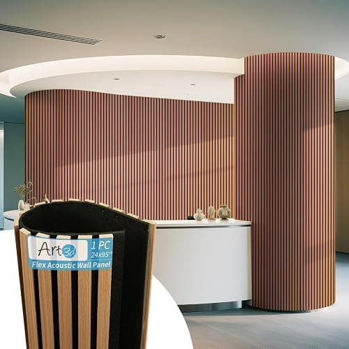 Art3d Acoustic Wood Slat Wall Panel with Roll-Flat Design - 95.3 x 23.8 Inch Sound Absorbing Panels for Living Room Columns Corridor Curved Wall Decor, 1-Pack Teak - Image 1