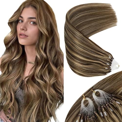 Sunny Hair Brown Micro Link Hair Extensions Human Hair Soft Microloop Hair Extensions Human Hair Dark Brown Highlight Caramel Blonde Cold Fusion Extensions Real Human Hair for Women 20inch 50g - Image 1