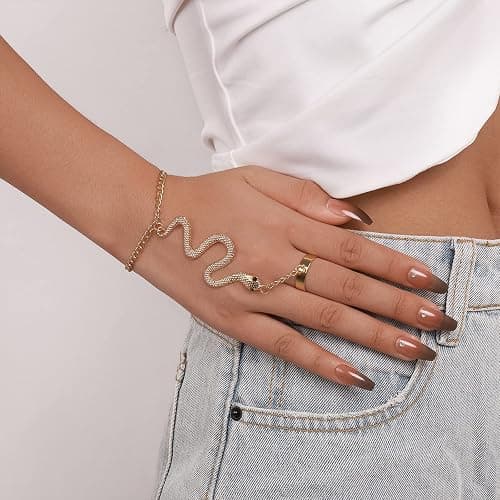 HUASAI Hand Chain Snake Bracelet for Women Finger Ring Bracelet Slave Hand Harness Bracelets Snake Jewelry for Halloween Party Medusa Costume Accessories thumbnail 2