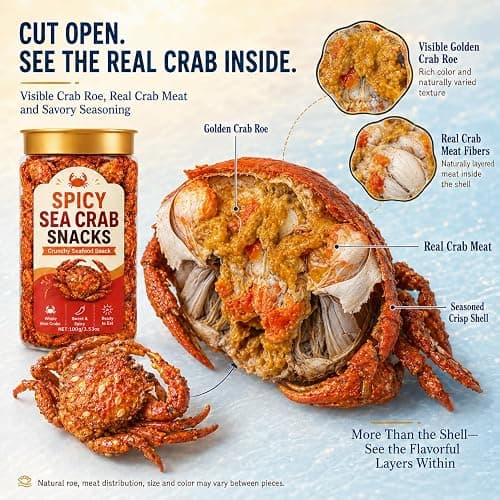 Spicy Sea Crab Snacks, Ready to Eat Crispy Crab, Sweet Chili Thumb Snow Crab with High Protein, Slow-Roasted Shell-On Seafood Snack with Savory Crunch, Canned Portable for Office, Home (100g/3.53 oz) thumbnail 4