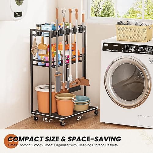 Broom Holder with Cleaning Supplies Organizer, Broom Closet Storage Cabinet with Mop Hanger Gripper Rack Hooks, Cleaning Housekeeping Janitorial Cart with Cleaning Caddy, Laundry Room Organization thumbnail 3