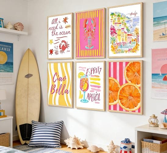 6Pcs Summer Coastal Poster Wall Art,Pink Orange Coastal Painting Picture Wall Decor,Amalfi Beach Canvas Print Artwork for Bathroom,Bedroom,Living Room,Beach House Home Decor,8x10 Inch Unframed thumbnail 2