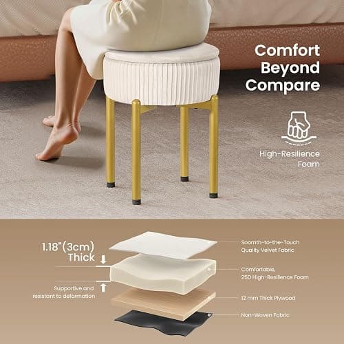 Memobarco 18-Inch Velvet Vanity Stool Chair with Storage, Vanity Bench with 4 Golden Metal Legs & Anti-Slip Adjustable Feet,Round Storage Ottoman Stool with Removable Soft Padded Seat, Beige thumbnail 5