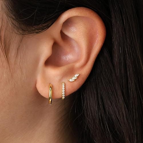 Freekiss 3 Pairs Gold Hoop Earrings Set: Dainty Stud Earrings Trendy Small 14K Gold Plated Hypoallergenic Dangle Cartilage Huggie Hoop Earrings for Women Gold Jewelry for Women Gifts thumbnail 2
