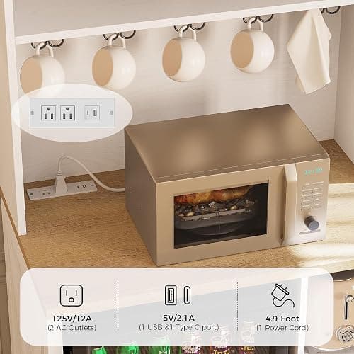 IRONCK Bakers Rack with Mini Fridge Space, 69.3" Microwave Stand, White | 7-Tier Coffee Bar Station, Power Outlets, LED Lights, Space-Saving Utility Organizer for Small Apartment, Dorm, Living Room thumbnail 5