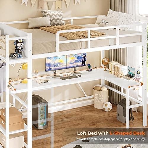 Itaar Twin Loft Bed with L-Shaped Desk, LED Lights and Charging Sation, Loft Bed Twin Size with 3-Tier Storage Shelves and Clothes Rail, Safety Guard & Ladder, No Box Spring Needed, White - White thumbnail 5