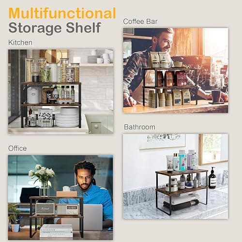 OGEMXU Cabinet Shelf Organizers, 15.7 inches Large Kitchen Counter Shelf, Set of 4 Wood Kitchen Pantry Organizer, Storage Shelves for Countertop, Spice Rack, Stackable, Expandable, Metal Black, Brown thumbnail 6